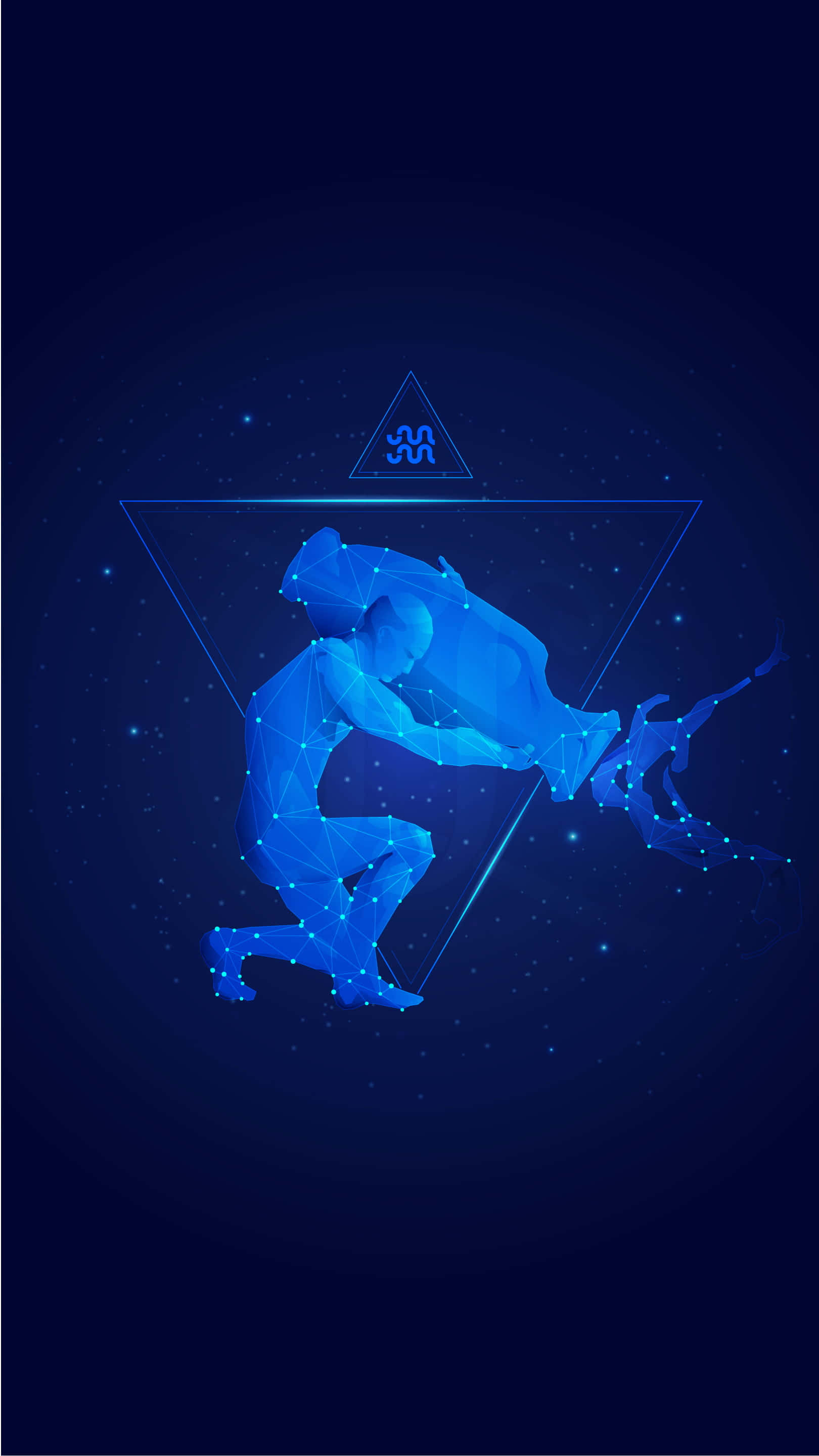 aquarius 桌布 壁紙 — 一個發光藍色幾何形狀的水瓶座星座圖案，在三角形框架內倒水，背景是星空夜空。