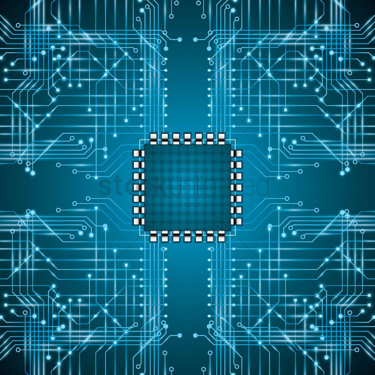 Circuit 桌布 壁紙 — 一個發光藍色微晶片，居中於對稱電路板圖案，帶有輻射光跡。