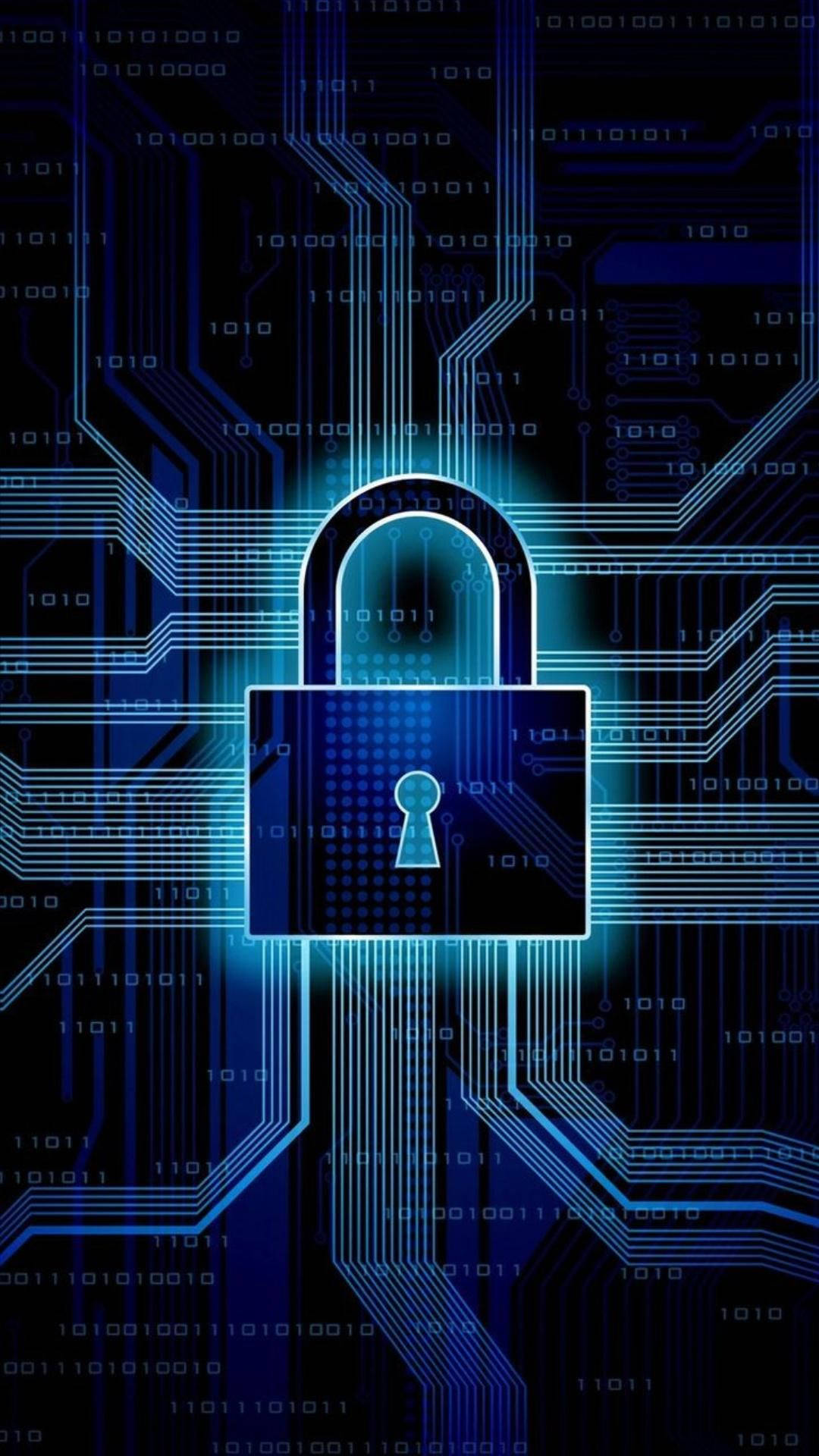 Screen 桌布 壁紙 — 一個發光藍色數位掛鎖，位於電路板中央，周圍有二進位碼流動。