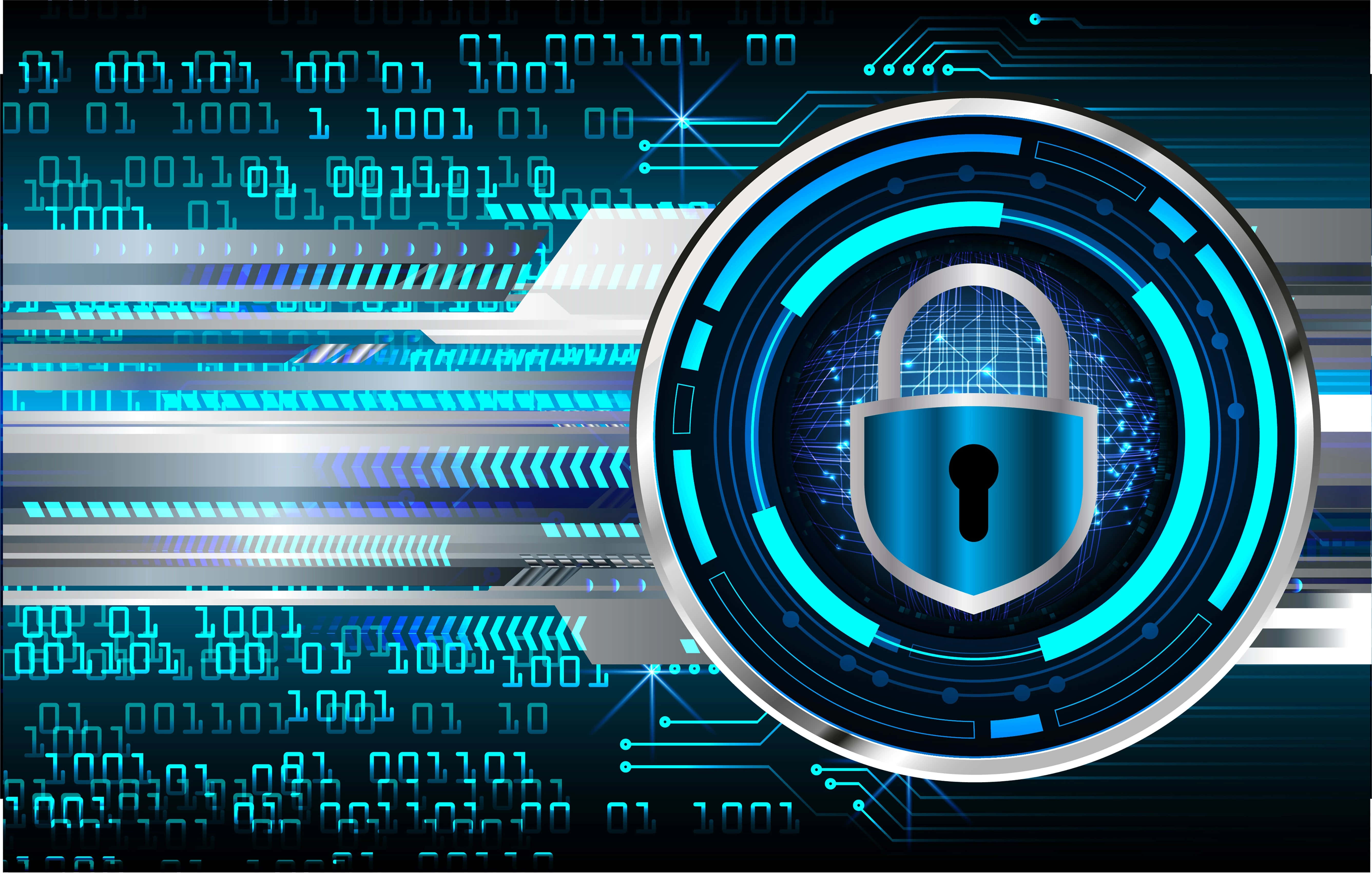 security 桌布 壁紙 — 一個發光藍色數位掛鎖，置中於帶有流動二進位代碼的電路板背景上。