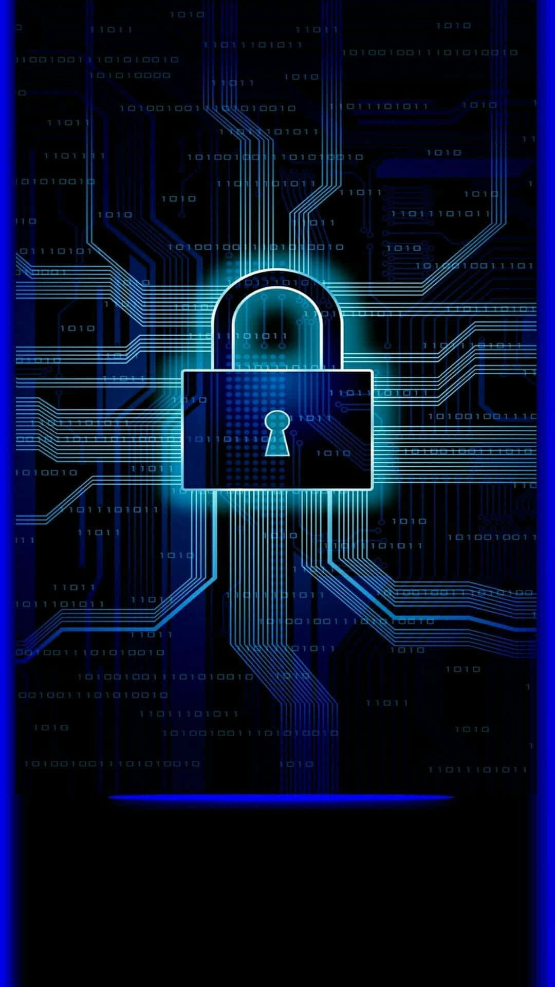 Hacking 桌布 壁紙 — 一個發光藍色數位掛鎖，置於電路板中央，周圍有二元碼流動。