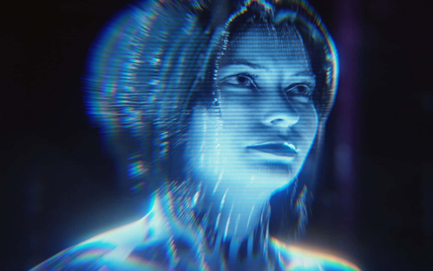 Halo Cortana 桌布 壁紙 — 一個發光藍色數位肖像的女性，帶有像素化故障效果和彩虹色差，背景為深色。