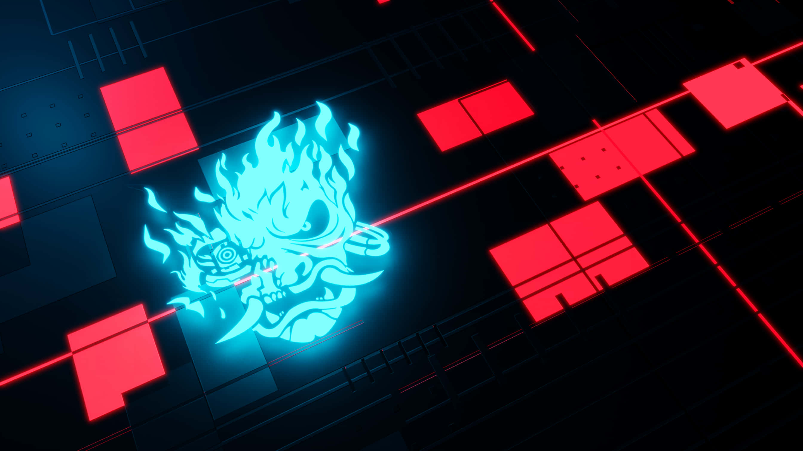 Cyberpunk Aesthetic 桌布 壁紙 — 一個發光藍色機械龍頭，帶有火焰細節，懸浮在紅色和黑色數位面板的暗色網格上方。