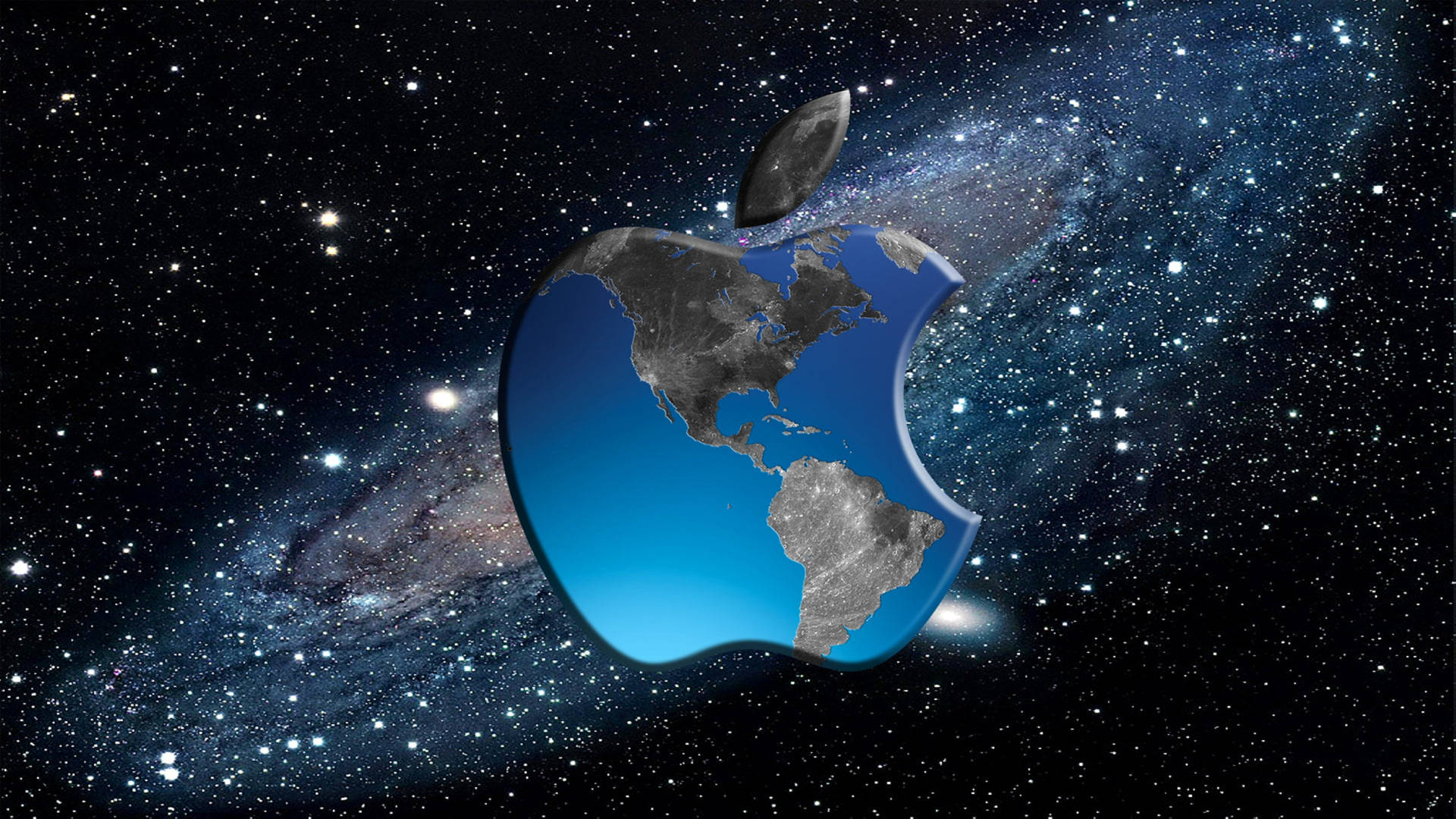 Apple標誌形狀像地球，在一個滿天星斗的太空場景中，還有彎彎的月亮。 — 4K筆電壁紙 壁紙