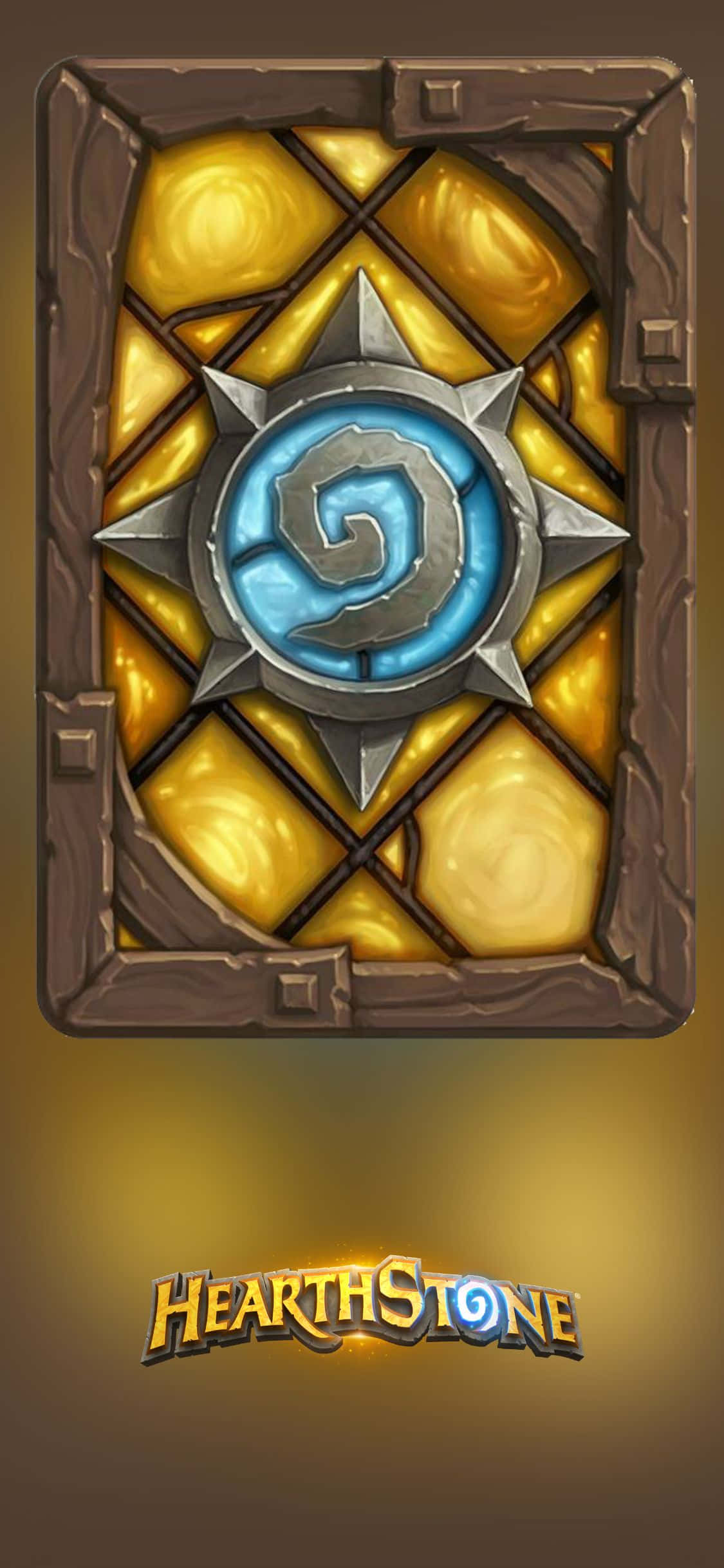 games 桌布 壁紙 — 一個發光藍色的Hearthstone標誌，置中在一個有金色面板和木框的彩繪玻璃窗中。