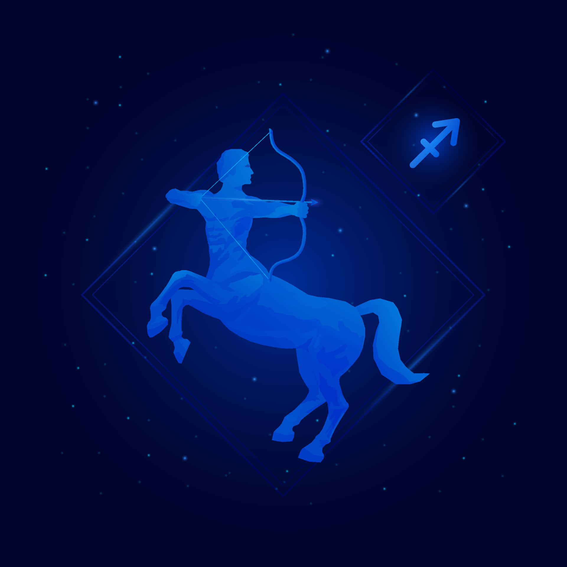 sagittarius 桌布 壁紙 — 一個發光藍色的人馬座弓箭手剪影，準備在星空下射箭。