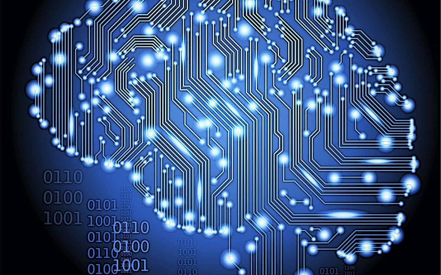 AI 桌布 壁紙 — 一個發光藍色的大腦，形狀像電路板，周圍漂浮著二進制代碼。