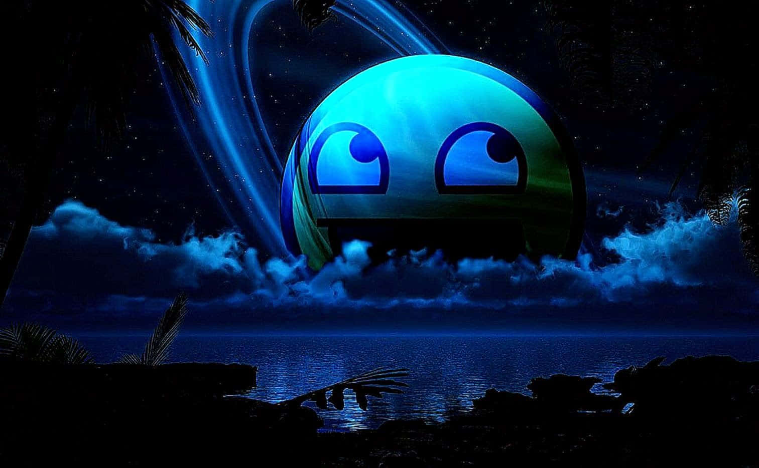 Interactive 桌布 壁紙 — 一個發光藍色笑臉星球，帶有旋轉環，在星空下夜晚漂浮在熱帶海洋上空。
