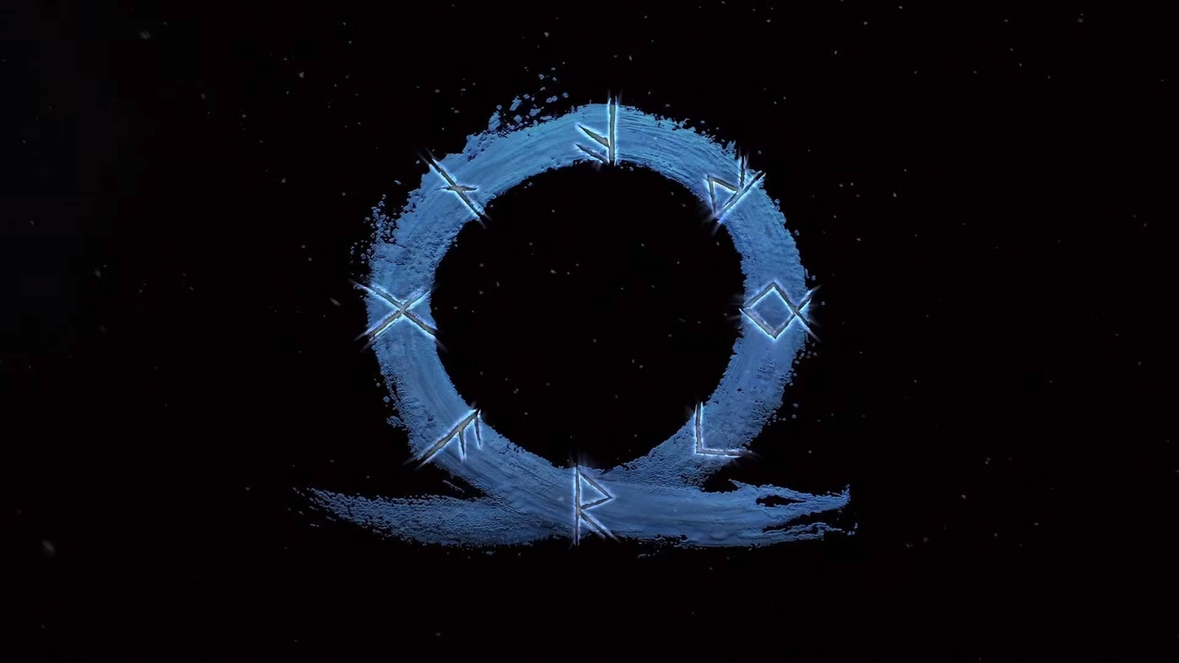 Gaming Logos 桌布 壁紙 — 一個發光藍色筆觸歐米茄符號，帶有幾何裝飾，漂浮在繁星點點的黑色虛空中。