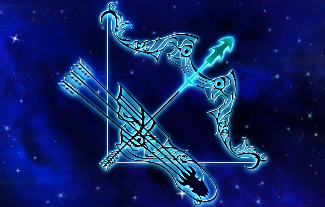 zodiac 桌布 壁紙 — 一個發光藍色華麗弓箭星座漂浮在繁星點點的宇宙夜空上。