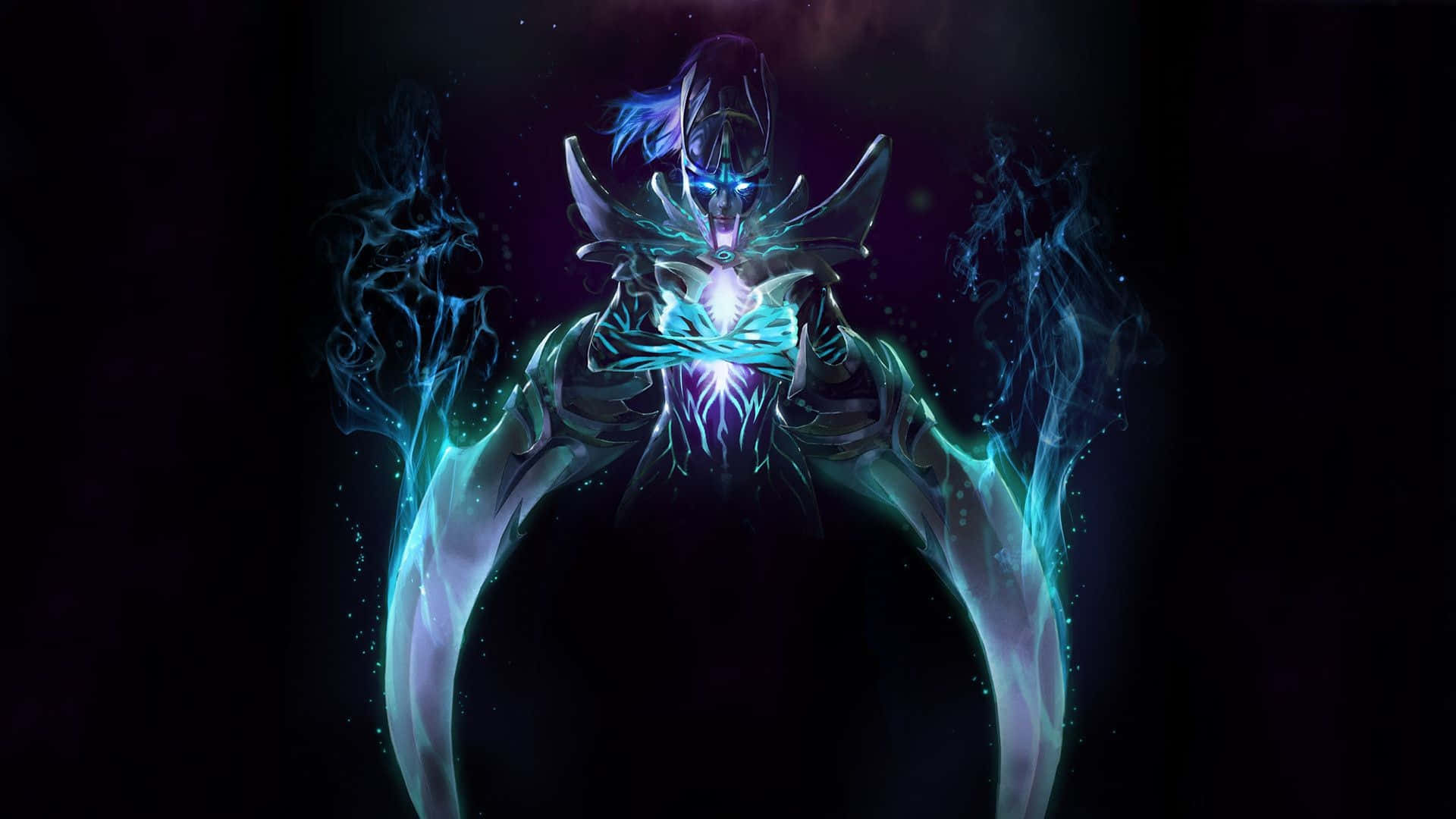 Dota 2 Zeus 桌布 壁紙 — 一個發光藍色裝甲人物，帶有角和流動的能量，站在黑暗的宇宙背景前。