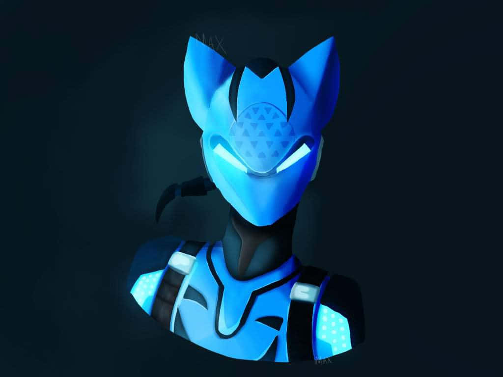 Fortnite 桌布 壁紙 — 一個發光藍色裝甲人物，擁有貓耳和銳利眼睛，站在黑暗中，散發未來能量。