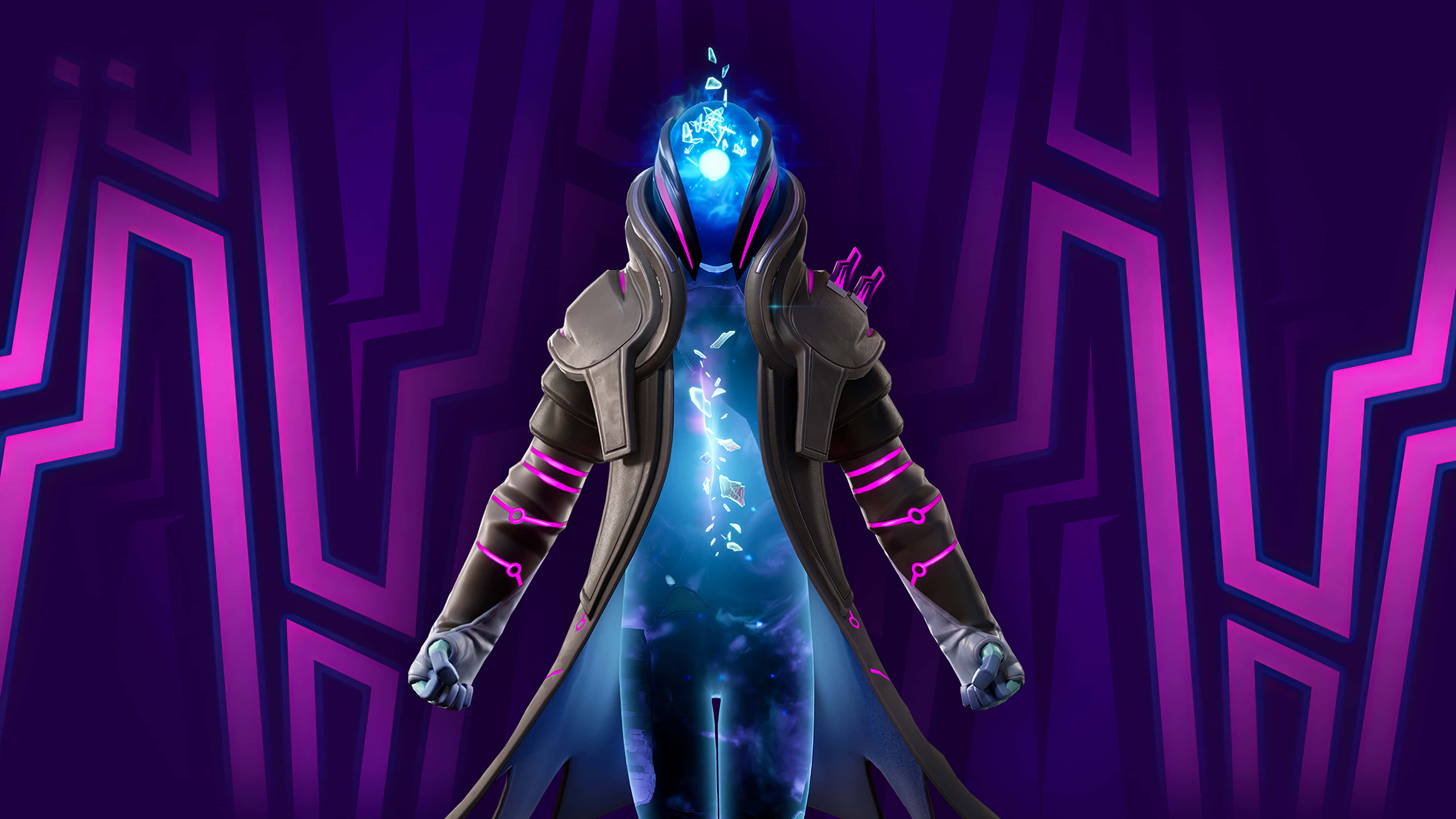 Fortnite 桌布 壁紙 — 一個發光藍色裝甲人物，頭部呈水晶狀，站在充滿活力的紫色幾何背景前。