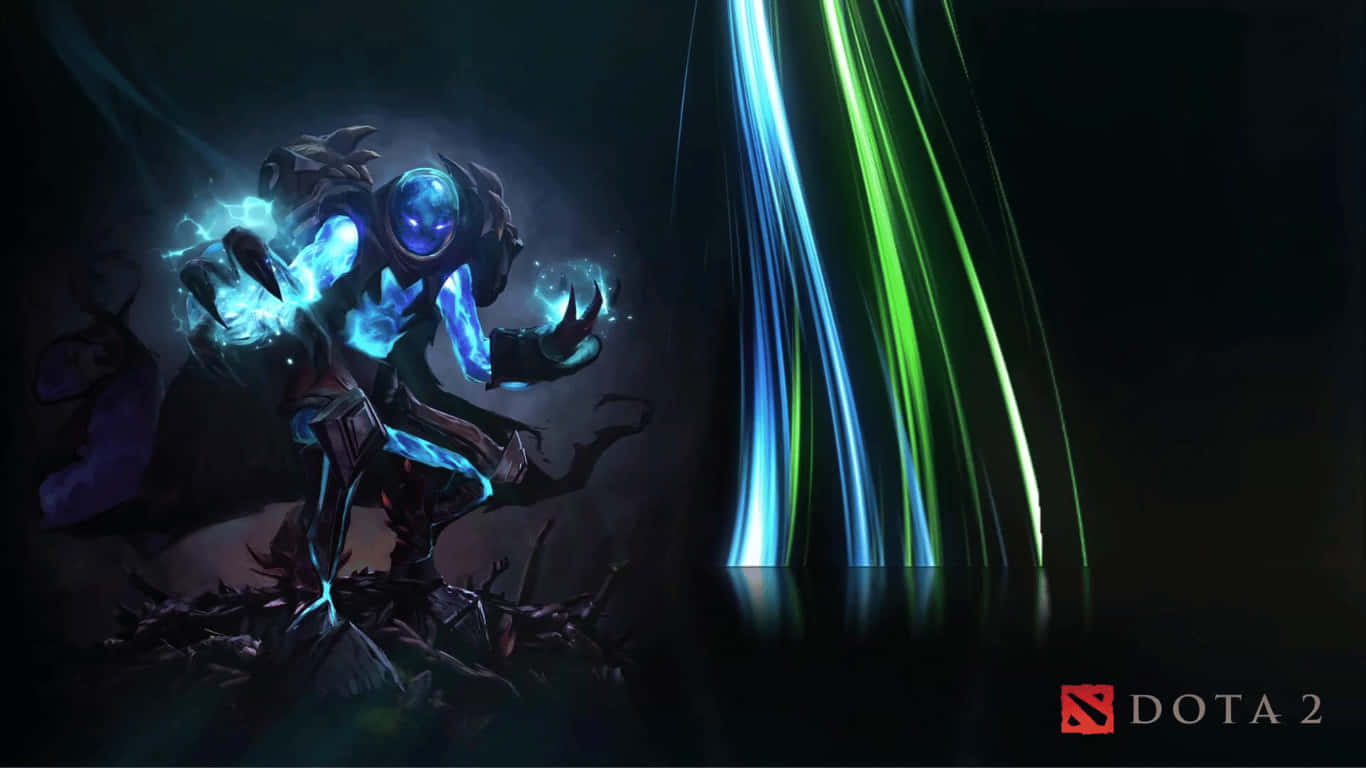 1366x768 Dota 2 桌布 壁紙 — 一個發光藍色裝甲英雄站在黑暗廢墟中，充滿活力的綠色和藍色能量光束劃破夜空。