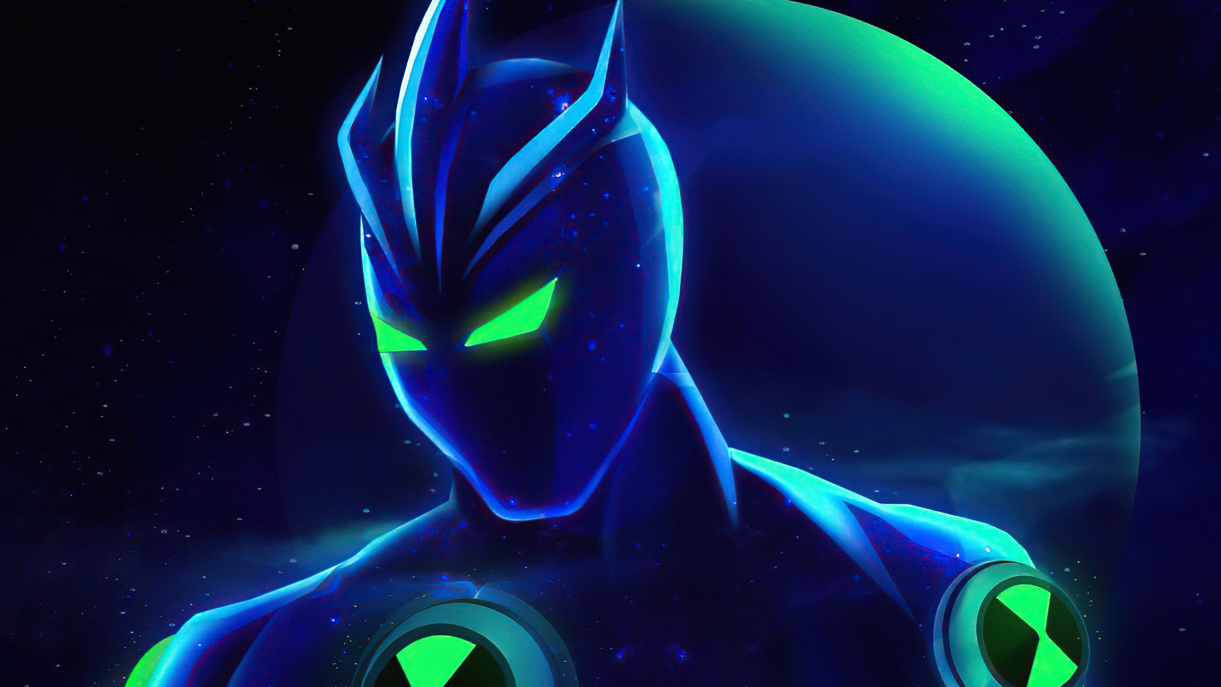 Ben 10 桌布 壁紙 — 一個發光藍色裝甲超級英雄，綠色眼睛，站在星光宇宙背景前，背後有一個大行星。