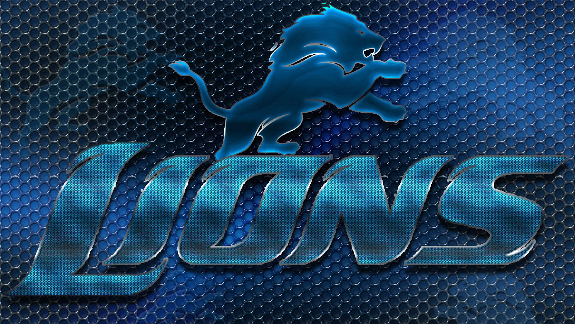 NFL Teams 桌布 壁紙 — 一個發光藍色跳躍獅子標誌，帶有 'LIONS' 文字，背景為深藍色六角形網格。