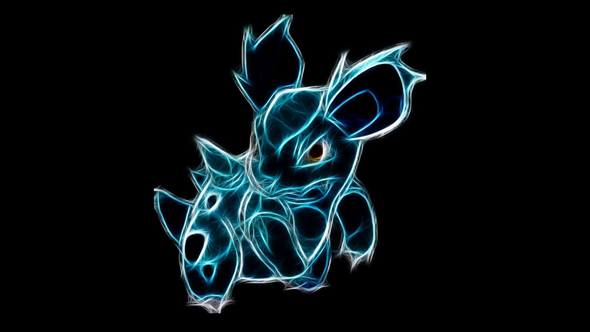 藍色 桌布 壁紙 — 一個發光藍色電氣輪廓，描繪一隻風格化的鹿狀生物，擁有鋒利的角和發光的眼睛，背景為黑色。