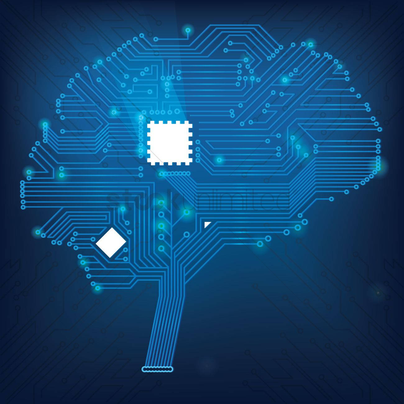 Brain 桌布 壁紙 — 一個發光藍色電路板，形狀像人類大腦，結構中嵌有白色微晶片組件。