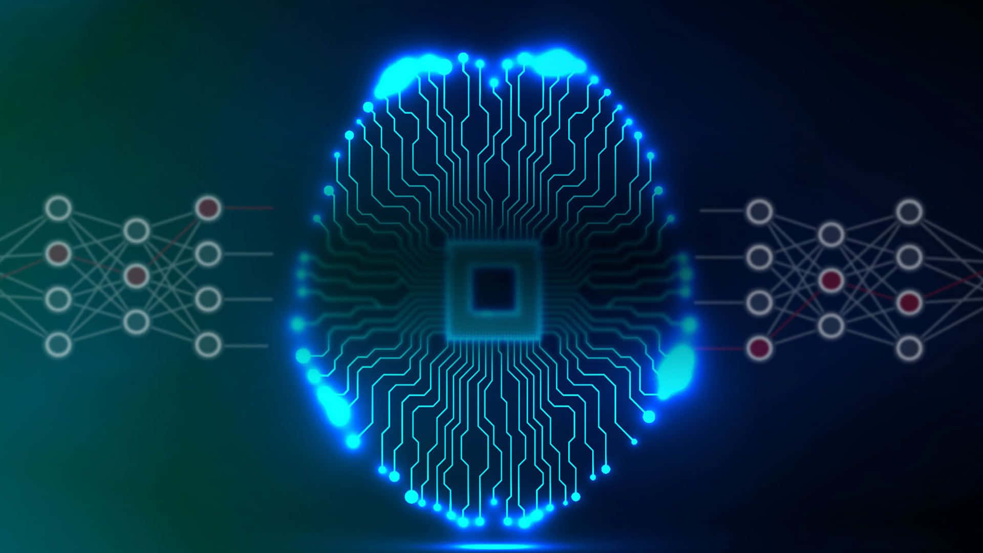 AI 桌布 壁紙 — 一個發光藍色電路板，形狀像大腦，兩側有神經網絡圖，背景為深色漸變。