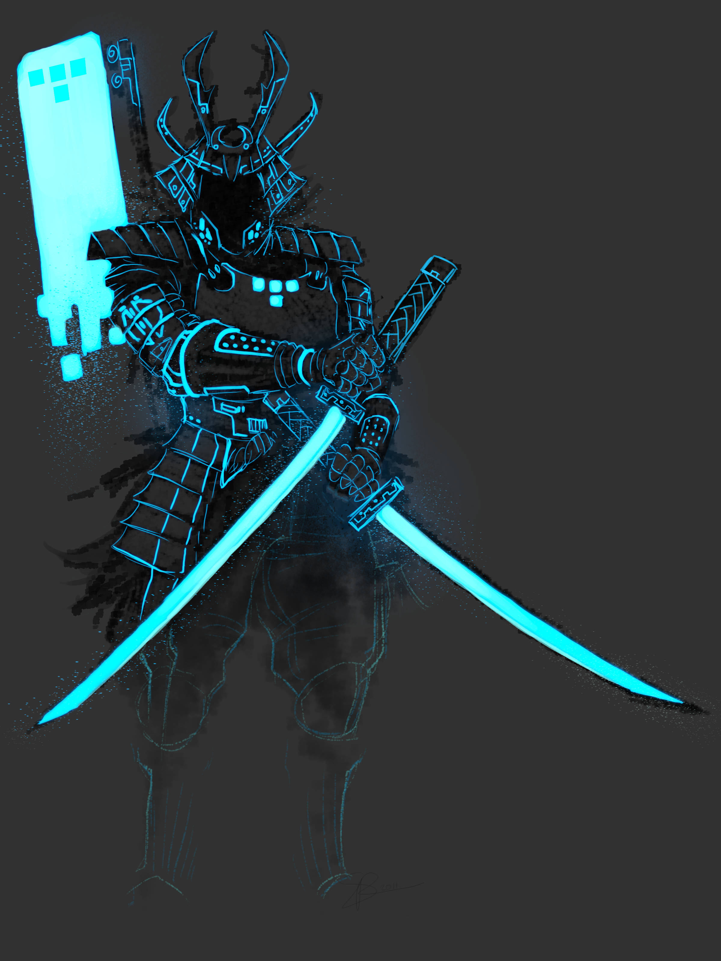 Samurai Art 桌布 壁紙 — 一個發光藍色霓虹武士戰士，身穿精細盔甲，在黑暗背景中揮舞兩把劍。