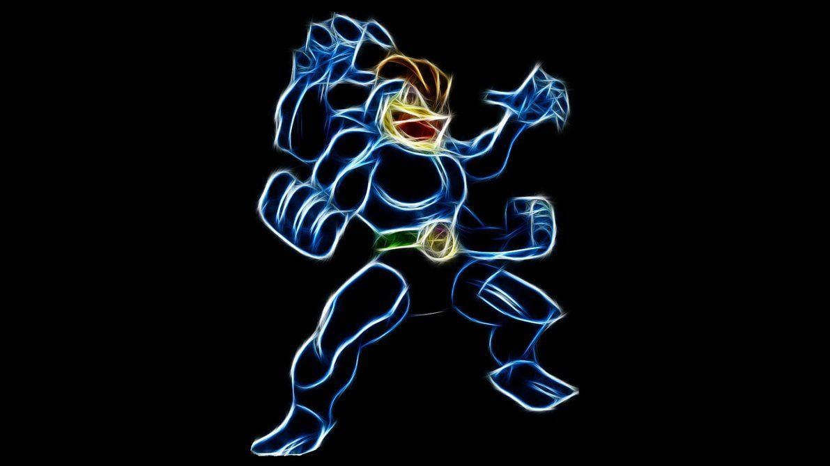 Machamp 桌布 壁紙 — 一個發光藍色霓虹輪廓的肌肉超級英雄，在黑色背景上擺出動態姿勢。