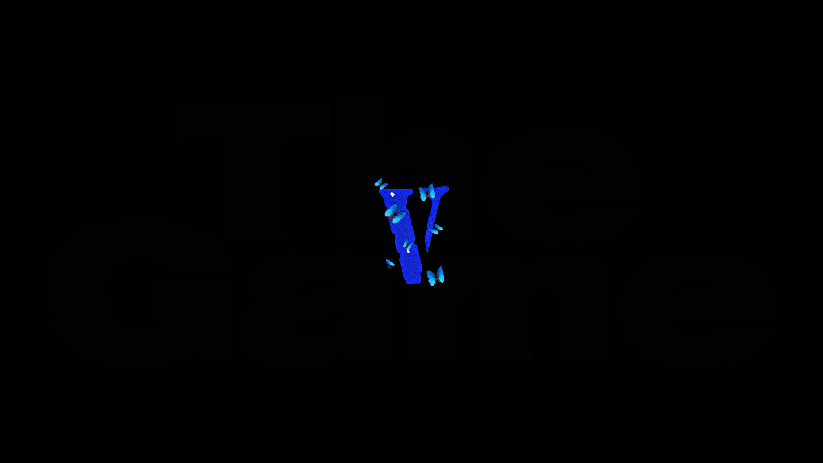 Vlone 桌布 壁紙 — 一個發光藍色風格化V標誌，帶有像素化蝴蝶，背景為黑色並帶有模糊文字。