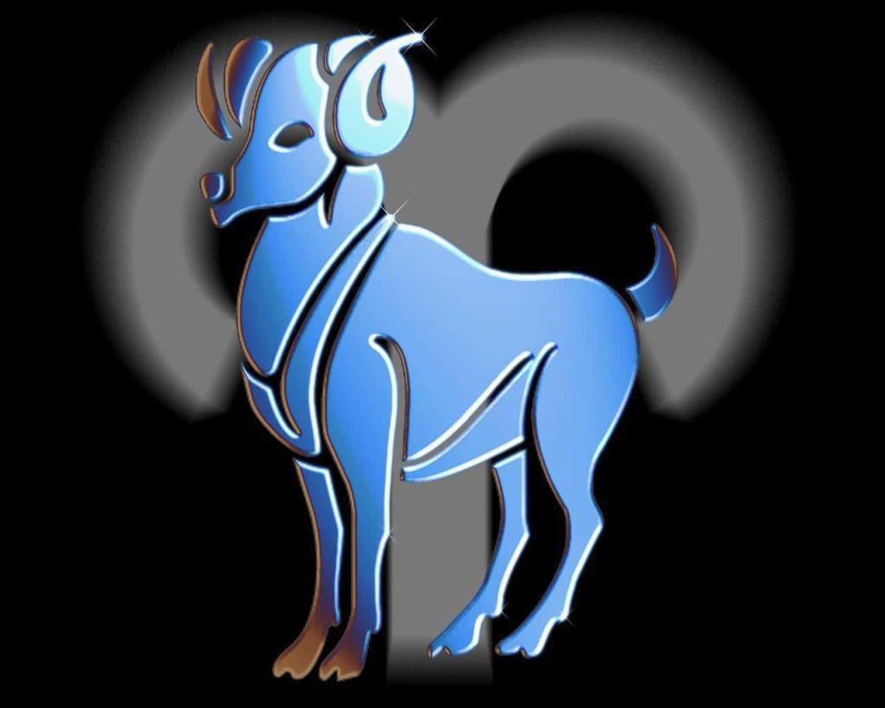 aries 桌布 壁紙 — 一個發光藍色風格化公羊剪影，在深色背景前，背後有柔和灰色心形光芒。