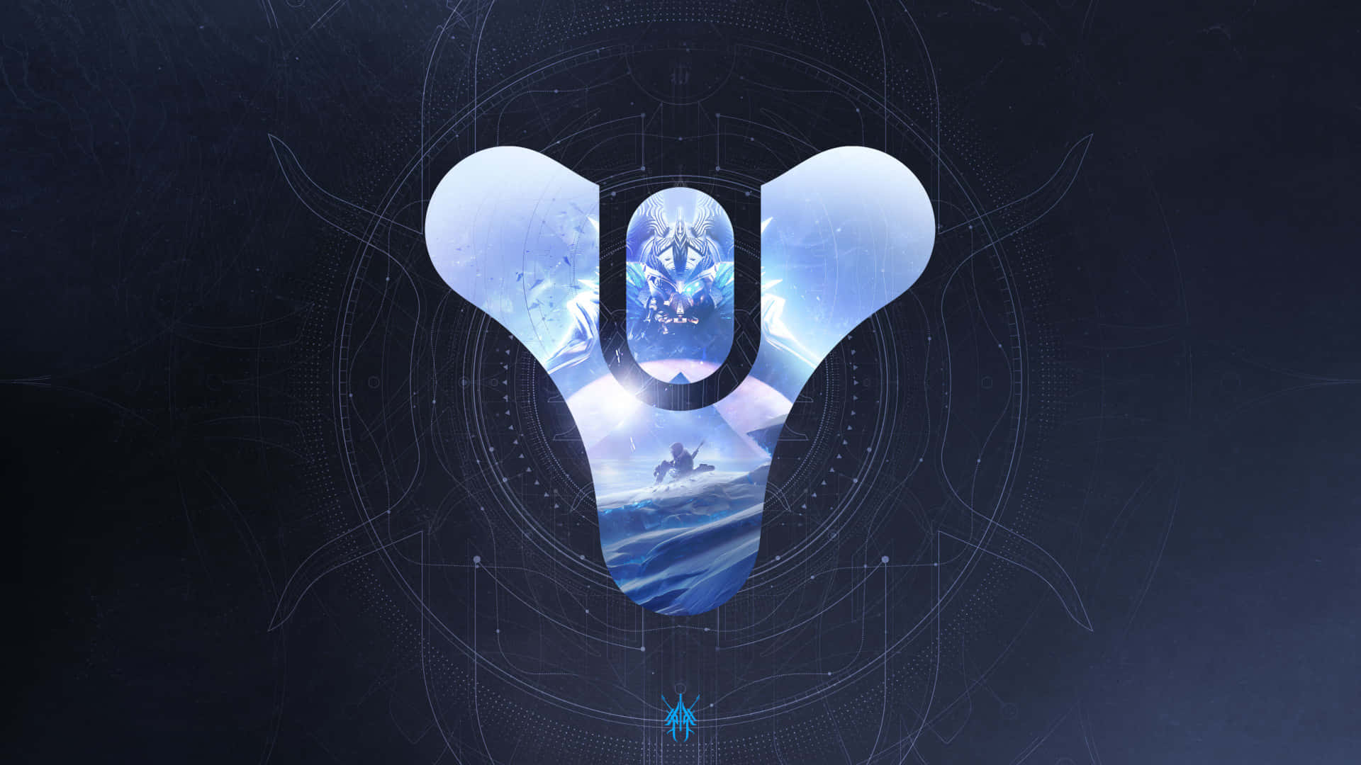 Best Destiny 2 桌布 壁紙 — 一個發光藍色風格化的「V」框架，在黑暗數位背景的海洋波浪上包裹著一個幻想生物和騎手。