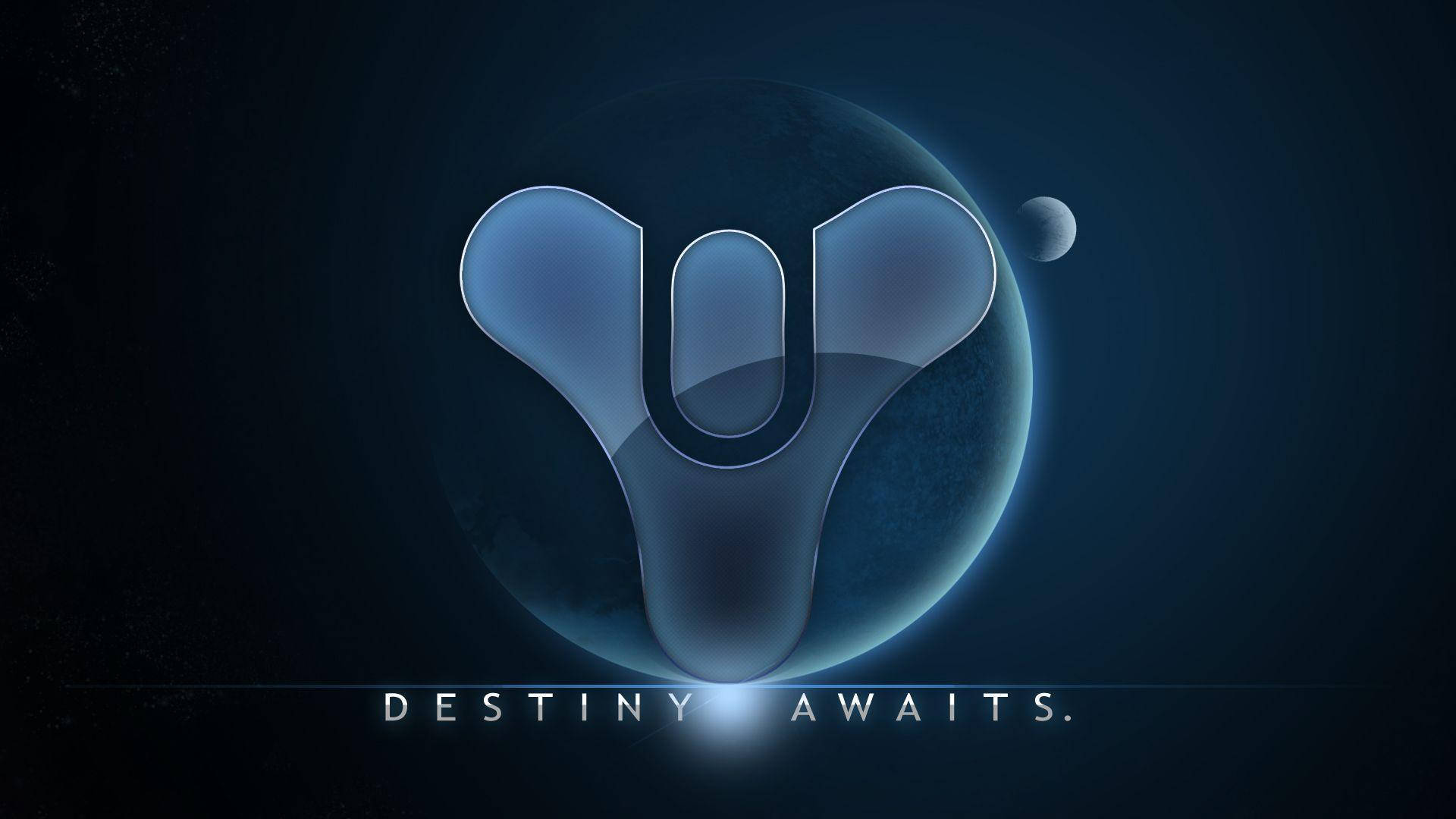destiny 4K 桌布 壁紙 — 一個發光藍色風格化的「Y」標誌漂浮在一個帶有月亮的行星前方，處於黑暗的宇宙虛空中。