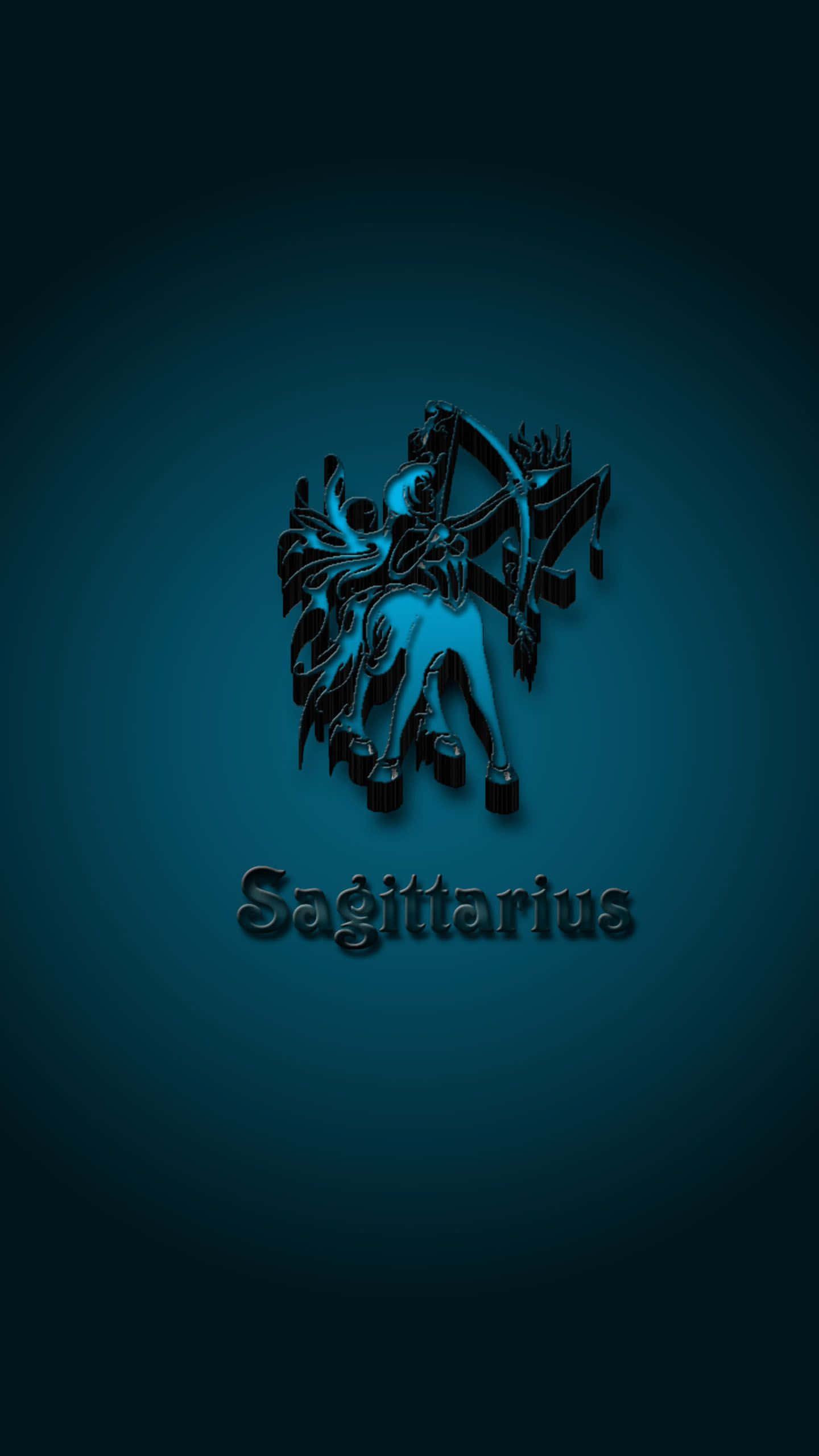 sagittarius 桌布 壁紙 — 一個發光藍色風格化的人馬座弓箭手圖案，居中於深藍綠色漸變背景，下方有名字。