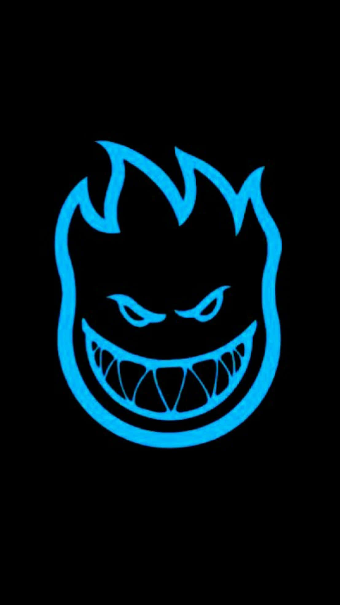 Logo Design 桌布 壁紙 — 一個發光藍色風格化的魔鬼面孔，帶有尖銳牙齒和威脅性眼睛，在純黑色背景上。
