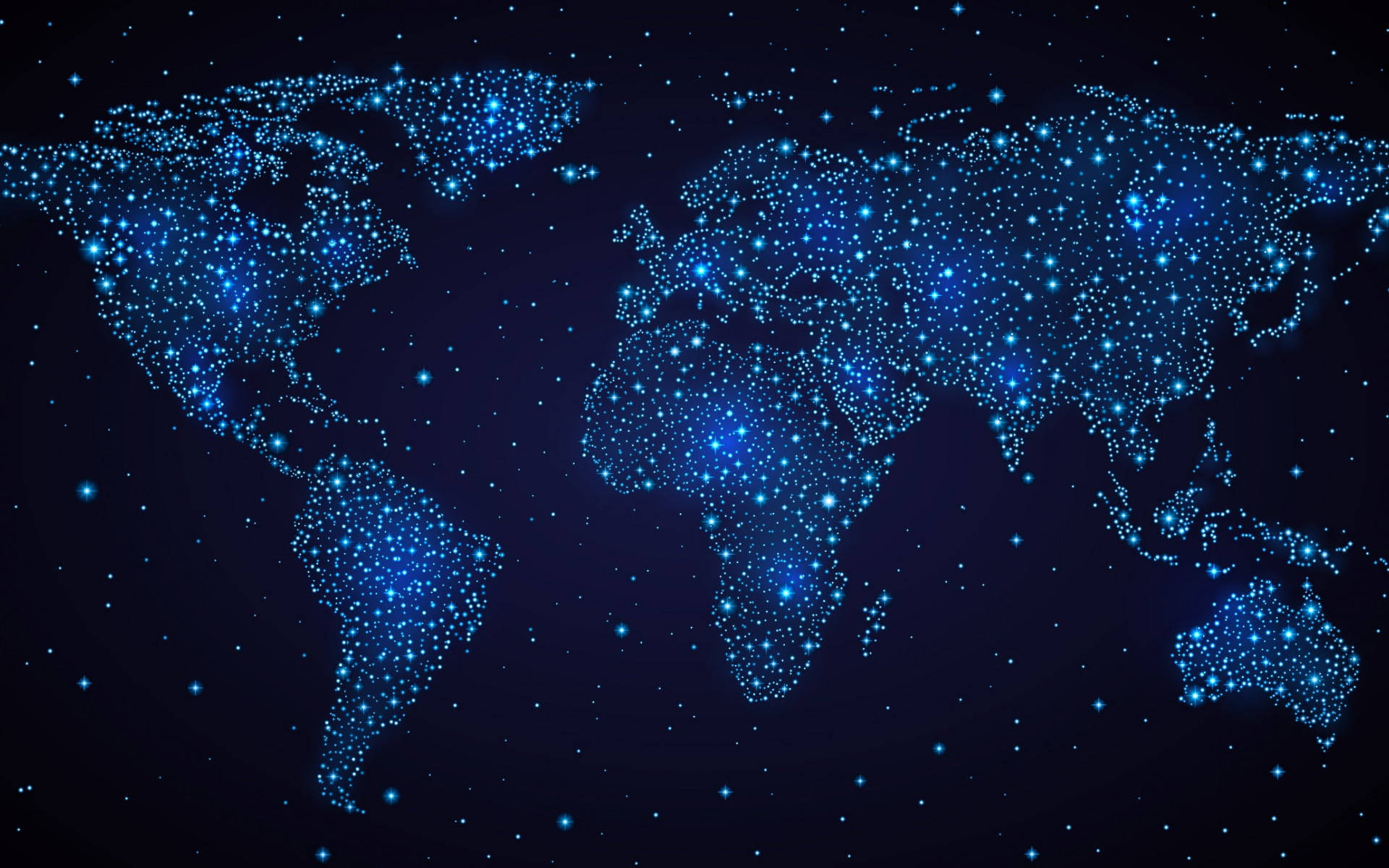 閃爍 桌布 壁紙 — 一個發光藍色點狀地球地圖，背景為繁星點點的黑暗夜空，代表全球連通性。