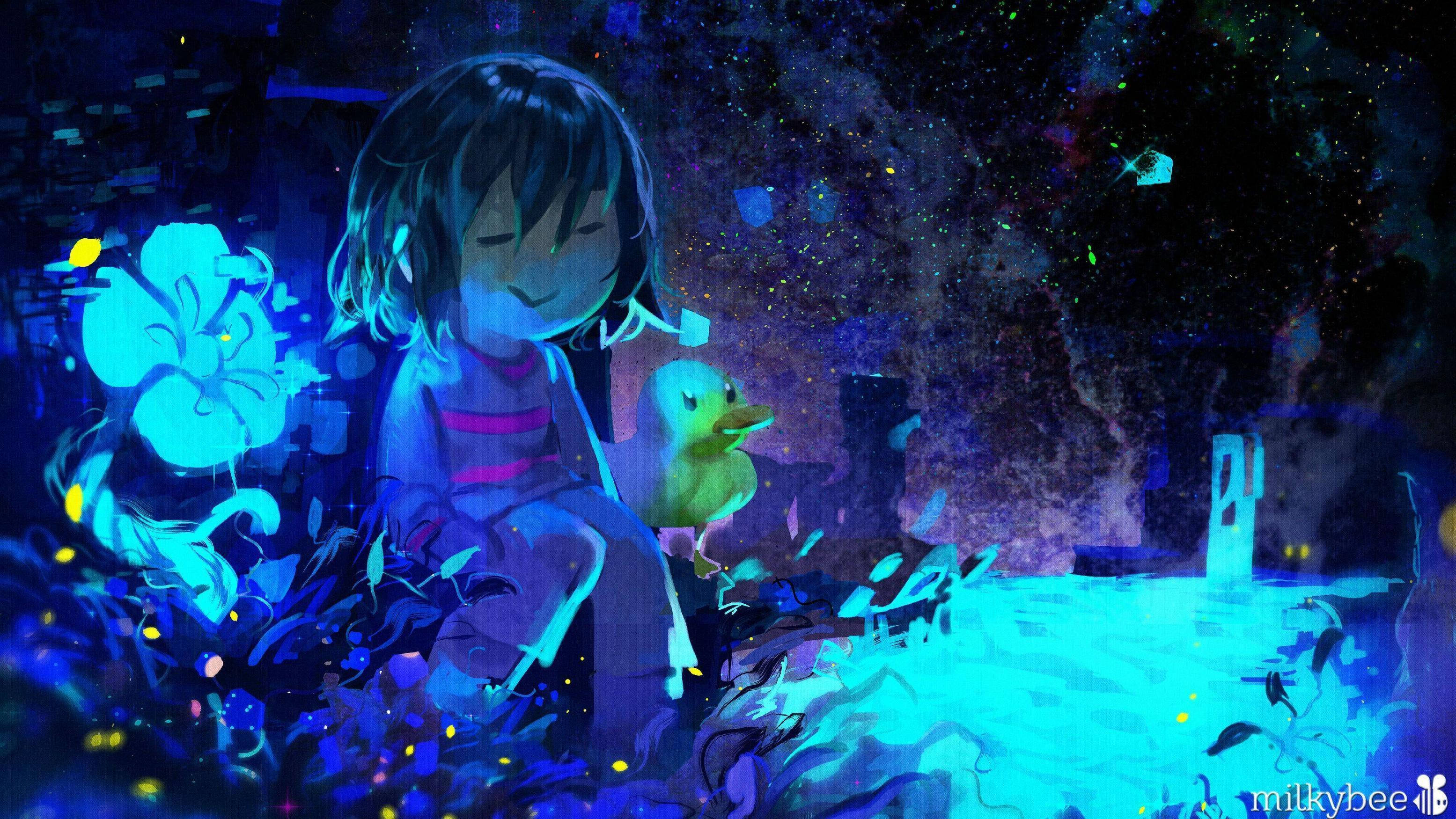 Undertale 桌布 壁紙 — 一個發光藍髮女孩坐在一隻黃鴨旁邊，在一個有漂浮花朵和閃爍粒子的魔法夜晚場景中。