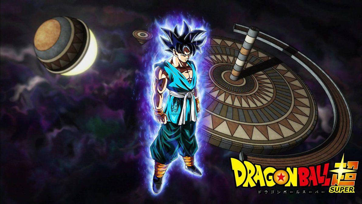 Ultra Instinct Goku 桌布 壁紙 — 一個發光藍髮的動漫戰士站在宇宙風暴雲中，旁邊是一個帶有浮動球體的巨大螺旋結構。