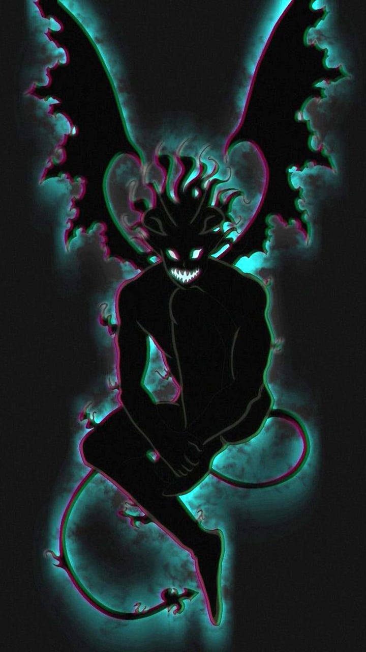 evil smile 桌布 壁紙 — 一個發光霓虹剪影，呈現一個帶有蝙蝠翅膀和發光眼睛的惡魔形象，背景為黑色。