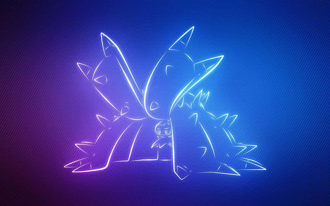 Outline 桌布 壁紙 — 一個發光霓虹輪廓的風格化生物，有尖刺四肢和一個小臉在中心，背景是漸變藍色和紫色。