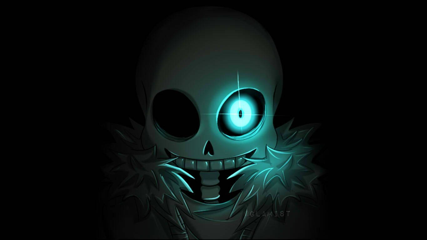 Sans 桌布 壁紙 — 一個發光青色眼睛、帶鋸齒狀領子的骷髏頭在漆黑背景上露出威脅性的微笑。