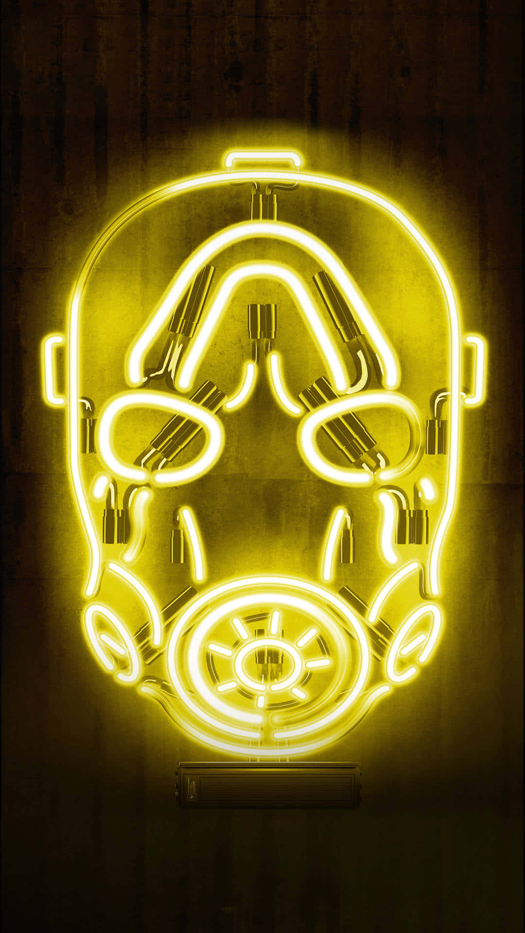 Pixel 3xl Borderlands 3 桌布 壁紙 — 一個發光黃色霓虹燈牌，形狀像防毒面具，以強烈亮度照亮深色木牆。