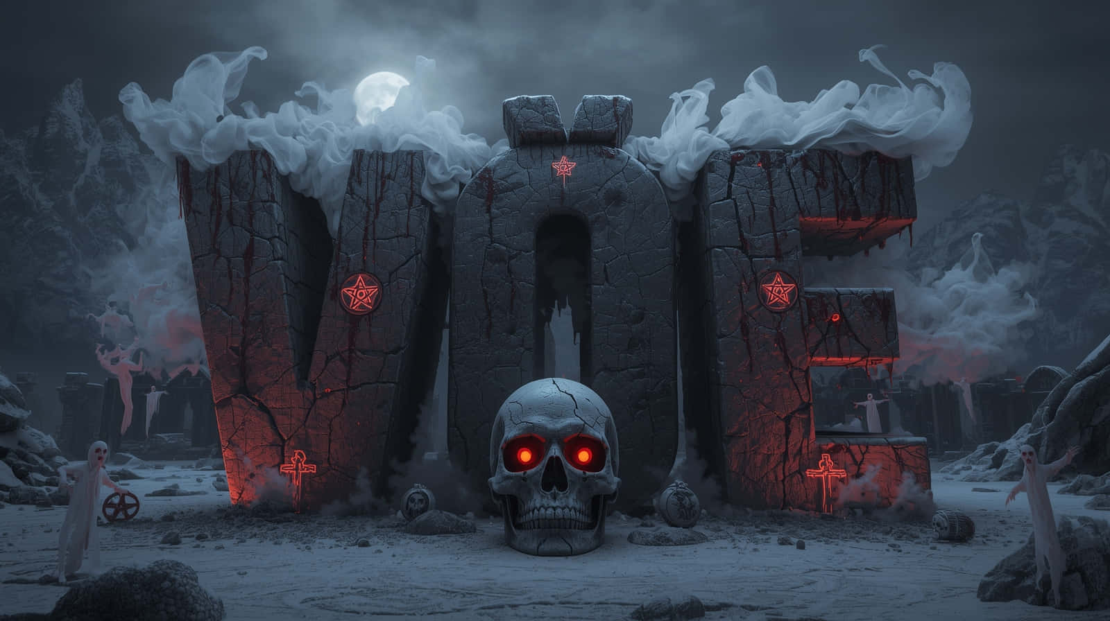 Demonic Horned Skull in Hellish Mountain Landscape Wallpaper 壁紙 — 一個發著紅光的骷髏頭坐在一個巨大的裂石'W'前，在滿月下的雪地墓園中，附近有鬼影。