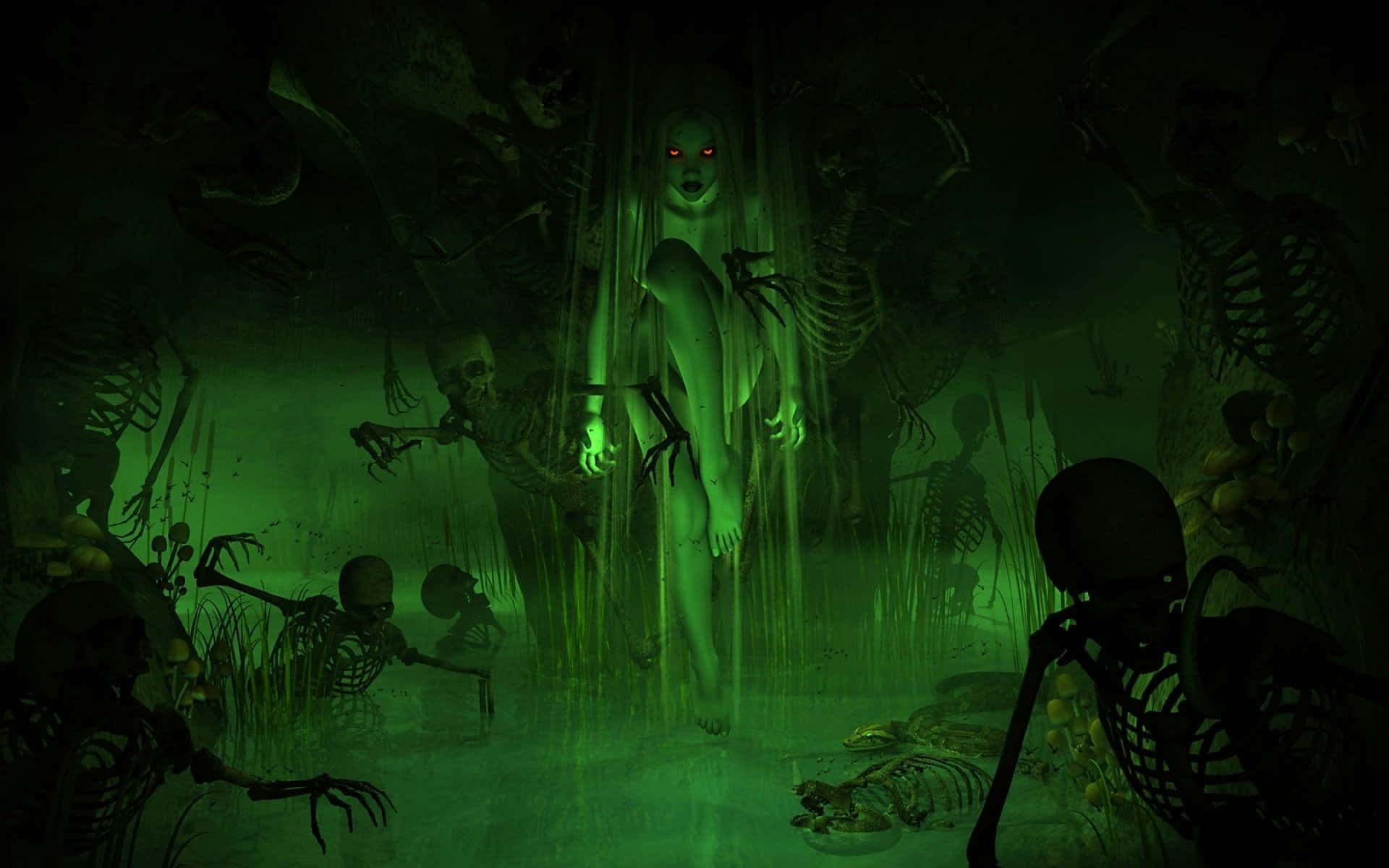 Spooky Halloween 桌布 壁紙 — 一個發著紅光的鬼影站在佈滿骷髏的渾濁綠色沼澤中。