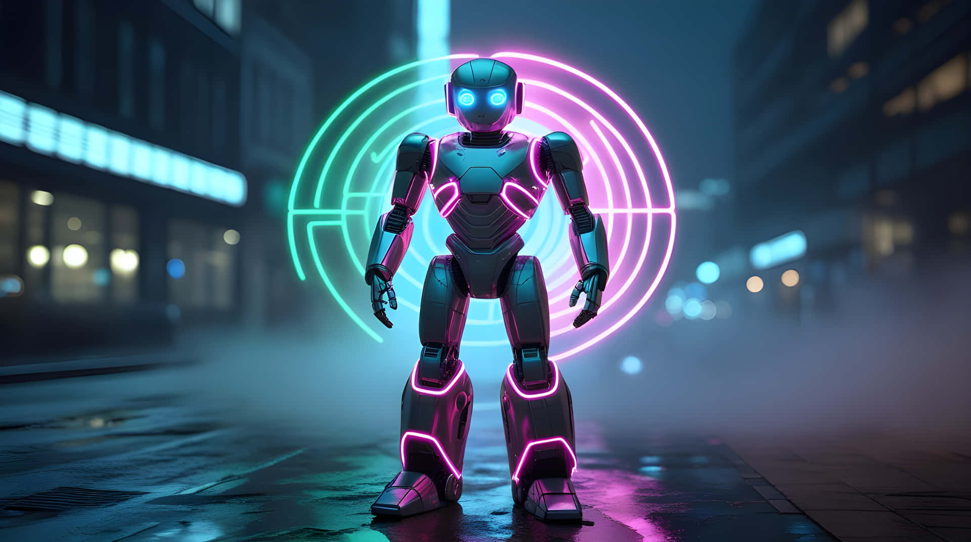 High Technologies Robot 壁紙 — 一個發著藍光眼睛和粉紅色霓虹燈飾的人形機器人站在下雨的未來城市街道上，周圍是發光的圓形全息圖。
