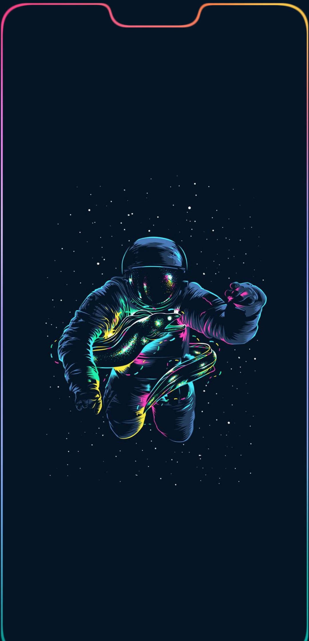 鎖屏 桌布 壁紙 — 一個發著霓虹光的太空人在太空漂浮，帶有發光軌跡，背景是繁星點點的黑暗，並由彩色手機瀏海邊框框住。