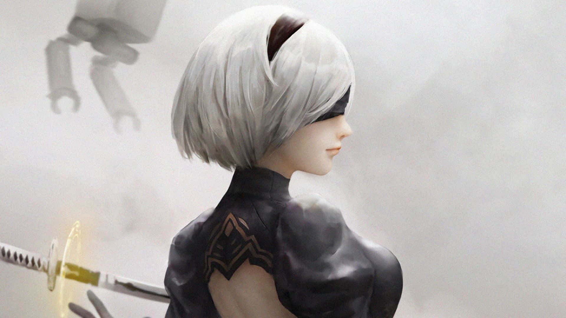 2B 桌布 壁紙 — 一個白短髮、穿黑色服裝的賽博龐克動漫女孩，在朦朧的灰色背景前手持發光劍。