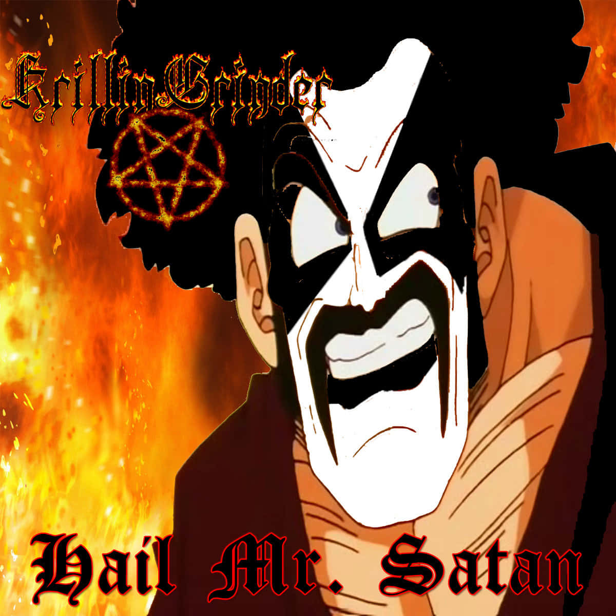 Hercule Satan 桌布 壁紙 — 一個白臉黑紋的動漫風格角色，在帶有五角星和文字的火焰橙色背景前尖叫。