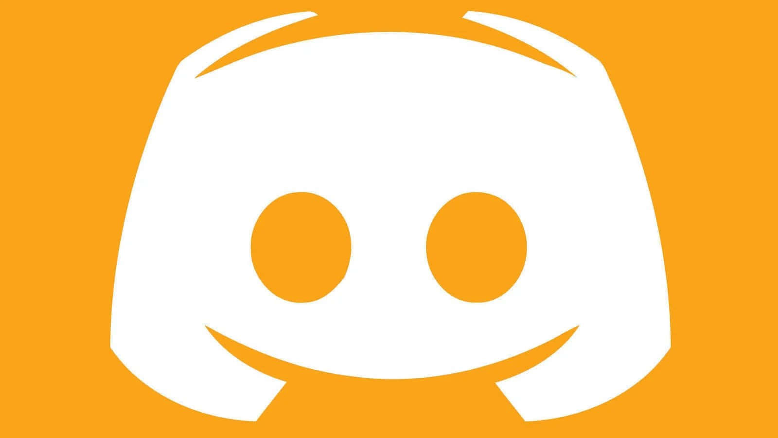 Discord 桌布 壁紙 — 一個白色 Discord 標誌，帶有笑臉和橙色眼睛，置於純橙色背景上。