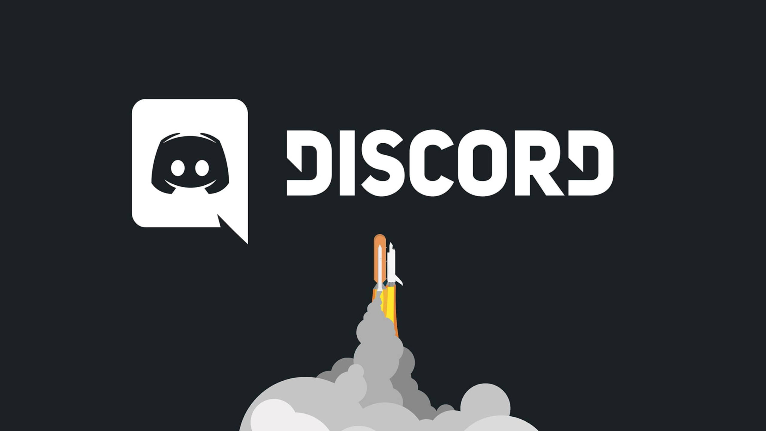 Discord 桌布 壁紙 — 一個白色 Discord 標誌懸浮在卡通火箭上方，火箭正發射到黑暗太空，伴隨灰色煙霧。
