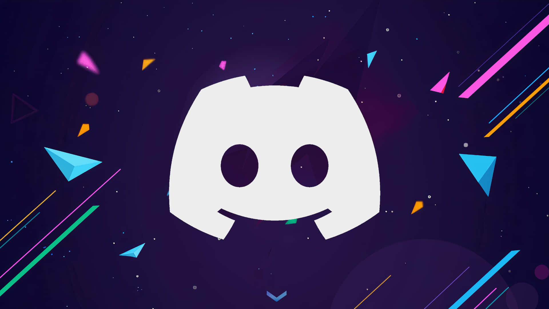 Discord 桌布 壁紙 — 一個白色 Discord 標誌漂浮在深紫色宇宙背景上，帶有彩色幾何形狀和條紋。