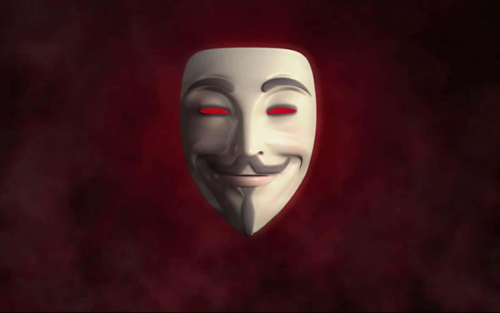 匿名 桌布 壁紙 — 一個白色 Guy Fawkes 面具，帶有發光的紅色眼睛，漂浮在深色煙霧般的棗紅色背景上。