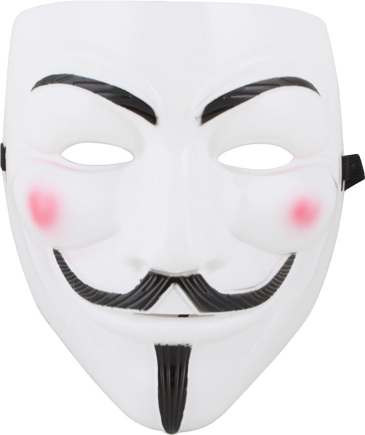 匿名 桌布 壁紙 — 一個白色 Guy Fawkes 面具，帶有黑色眉毛、鬍子、山羊鬍和粉紅色臉頰，背景透明。