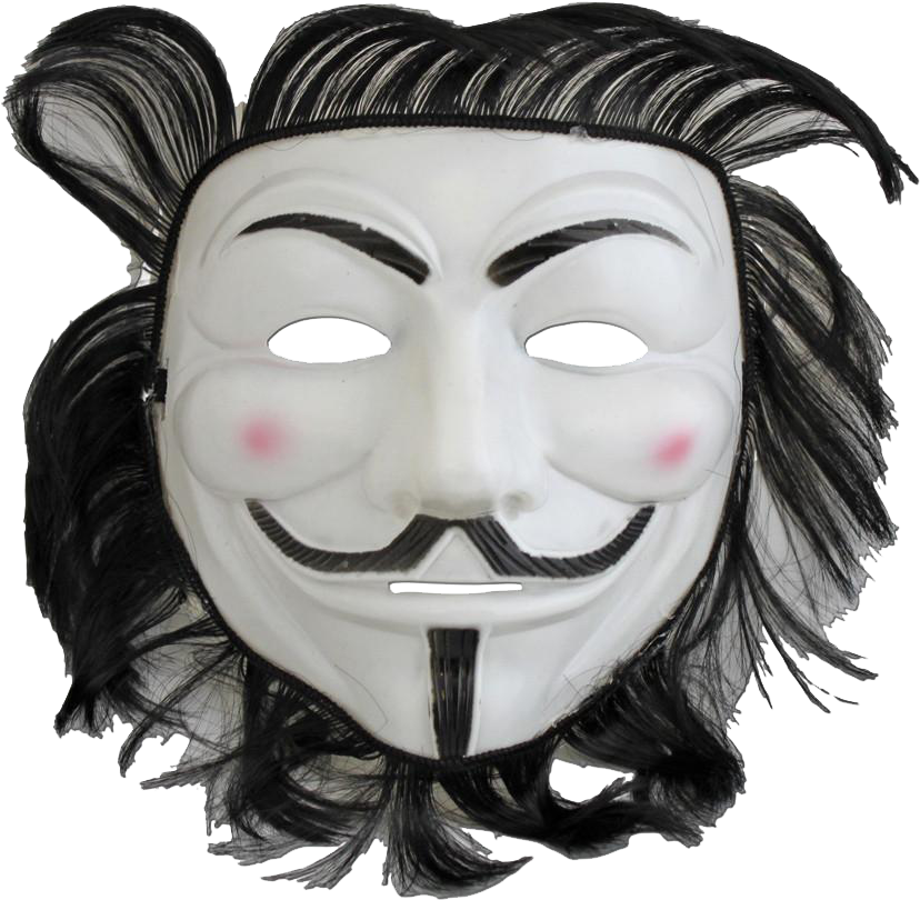 匿名 桌布 壁紙 — 一個白色 Guy Fawkes 面具，配有黑色假髮和玫瑰色臉頰，背景透明。